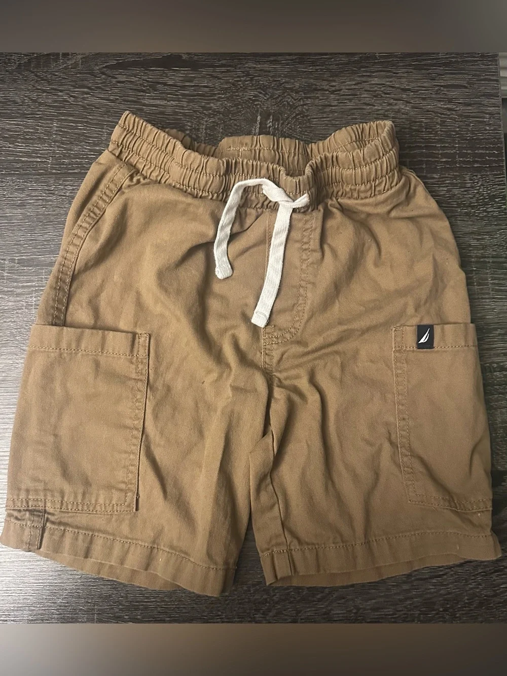 Nautica Boys Khaki Cargo Shorts Size 8 Brown Elastic Waist Drawstring Cotton